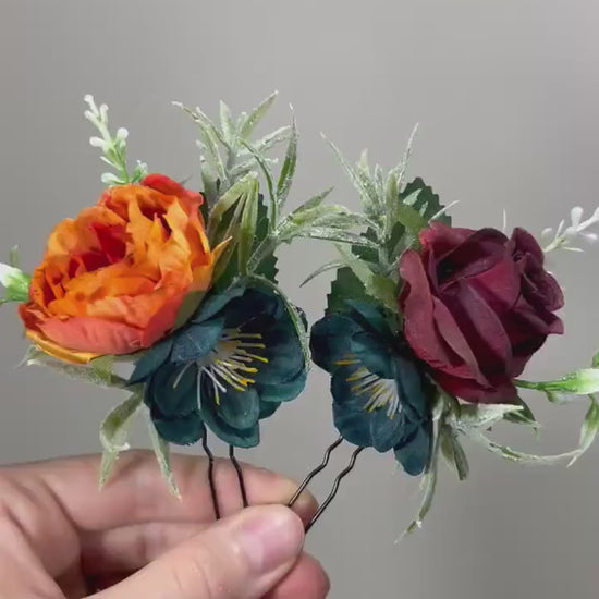 Dark Teal Hair Pin Wedding Burgundy Flower Girl Headpiece Burnt Orange Floral Bridesmaids Hair Pin Orange Dark Teal Accessories Hair Pin