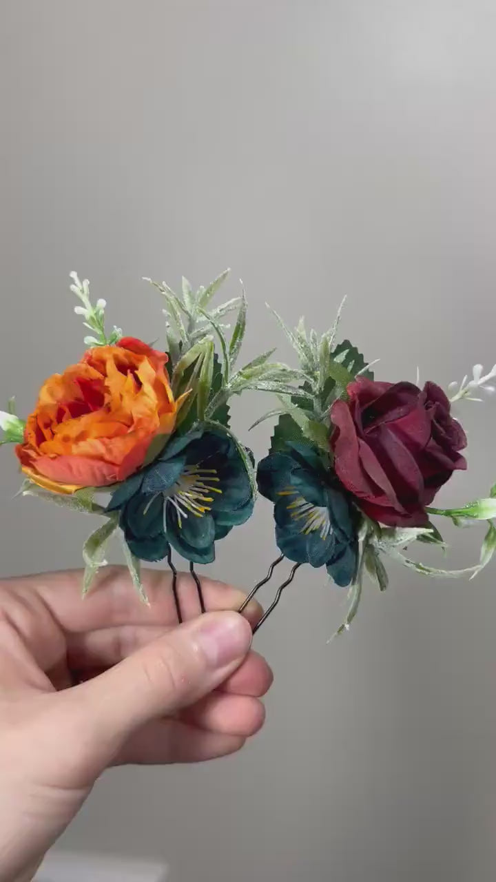 Dark Teal Hair Pin Wedding Burgundy Flower Girl Headpiece Burnt Orange Floral Bridesmaids Hair Pin Orange Dark Teal Accessories Hair Pin