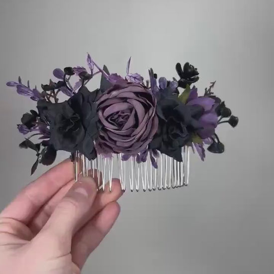 Black Hair Comb Wedding Plum Flower Girl Headpiece Gothic Floral Dark Purple Black  Hair Accessories Black Plum Hair Comb Artificial Flowers