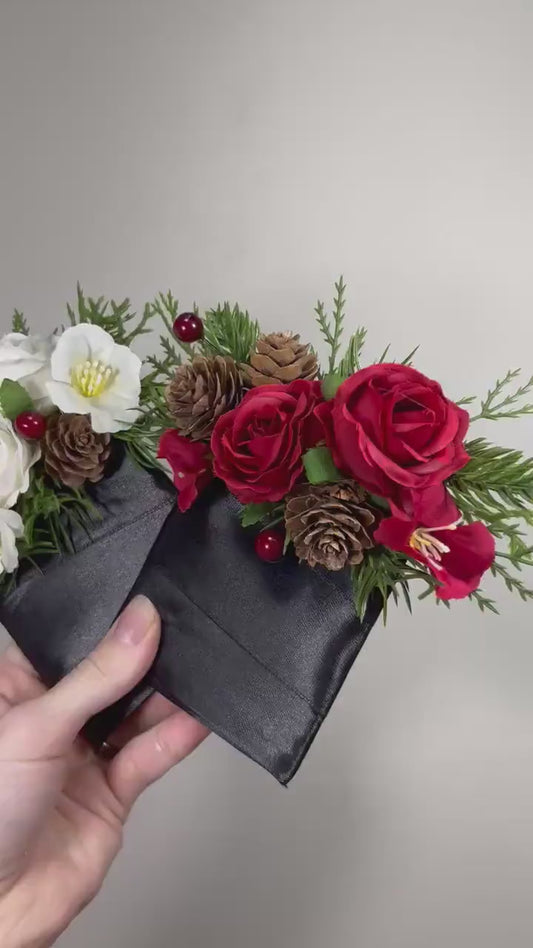 Pocket Boutonniere Christmas Wedding Groom Red Square Boutonnières Groomsmen Pocket Boutonnière White Red Winter Boutonniere Pine Cone