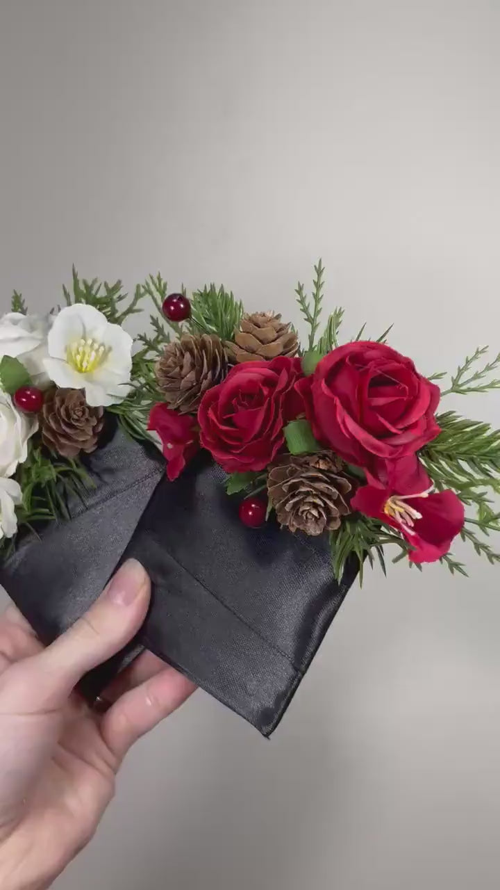 Pocket Boutonniere Christmas Wedding Groom Red Square Boutonnières Groomsmen Pocket Boutonnière White Red Winter Boutonniere Pine Cone