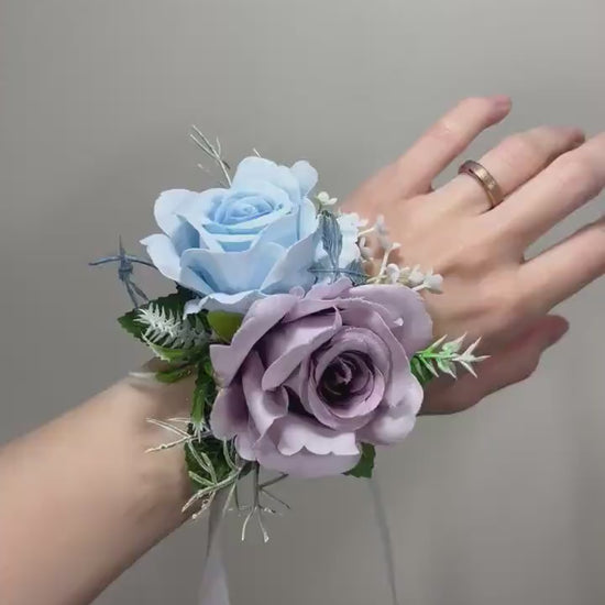 Wedding Blue Corsage White Wedding Wrist Corsage Purple Bridesmaids Dusty Blue Light Corsage Purple Mom Corsage Artificial Flowers