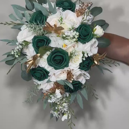 Emerald Green Bouquet Bridal Cascade White Hunter Green Bridesmaids Bouquet Emerald Green Forest Ivory Cascading Bouquet Gold Artificial