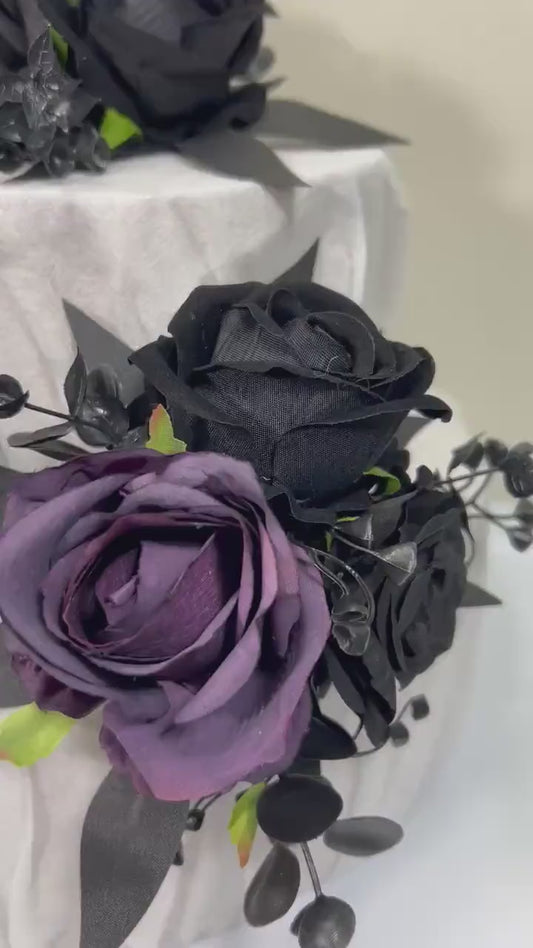 Black Plum Cake Decoration Wedding Topper Black Dark Purple Decor Flower Cake Arrangement Plum Black Cake Decor Artificial Flower Gothic