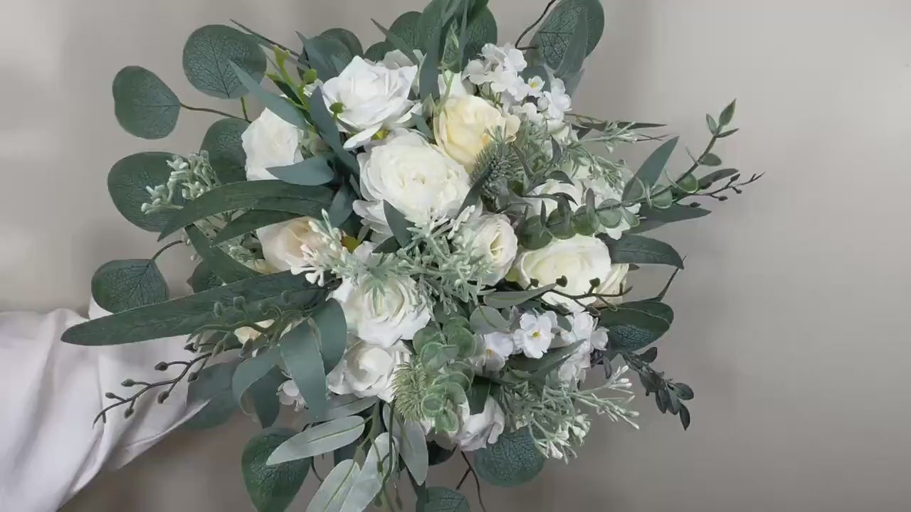 White Bouquet Wedding Bridal Bouquet White Bridesmaids Bouquet Ivory Sage Bouquet Ivory Decor Eucalyptus Greenery Artificial Flower