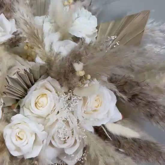 White Bouquet Wedding Boho Bridal Pampas Grass Bouquet White Bridesmaids Ivory Beige Bouquet Palm Leaves Baby Breath Artificial Flowers