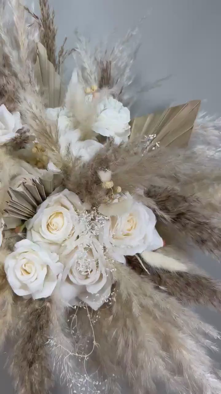White Bouquet Wedding Boho Bridal Pampas Grass Bouquet White Bridesmaids Ivory Beige Bouquet Palm Leaves Baby Breath Artificial Flowers
