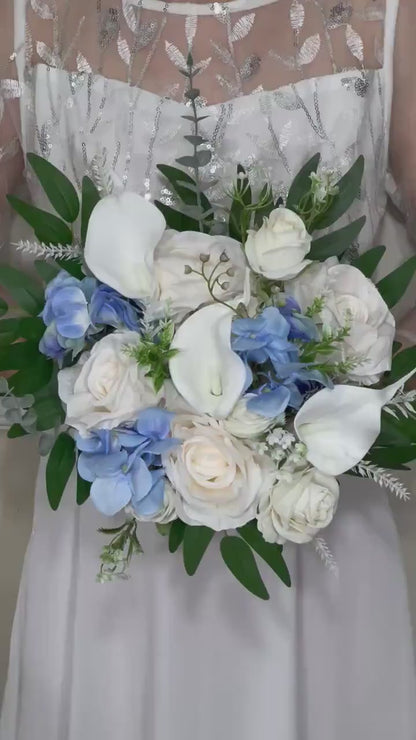 Wedding Bouquet White Hydrangea Calla Lilies Bridal Bouquet Blue Bridesmaids Light Blue Baby Ivory Spring Artificial Flower Calla Lily