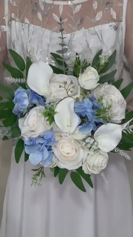 Wedding Bouquet White Hydrangea Calla Lilies Bridal Bouquet Blue Bridesmaids Light Blue Baby Ivory Spring Artificial Flower Calla Lily