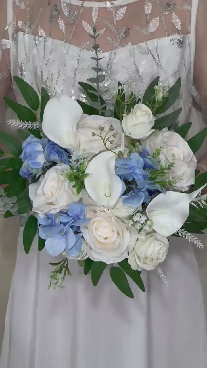 Wedding Bouquet White Hydrangea Calla Lilies Bridal Bouquet Blue Bridesmaids Light Blue Baby Ivory Spring Artificial Flower Calla Lily