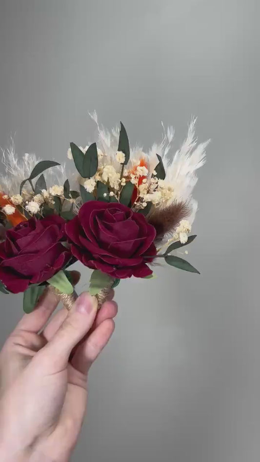 Burgundy Boho Boutonnière Wedding Groom Wine Red Rose Baby Breath Eucalyptus Maroon Pampas Grass Groomsmen Boutonnière Lapel Flower Men