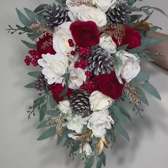 Wedding Cascade Christmas Bouquet Cascading White Winter Red Christmas Bridal Ivory Rustic Bridesmaids Bouquet Gold Christmas Tree Pine Cone