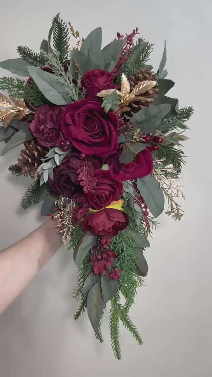 Burgundy Winter Bouquet Wedding Bridal Christmas Cascading Wine Red Rustic Cascade Bridesmaids Maroon Gold Pine Cones Evergreen