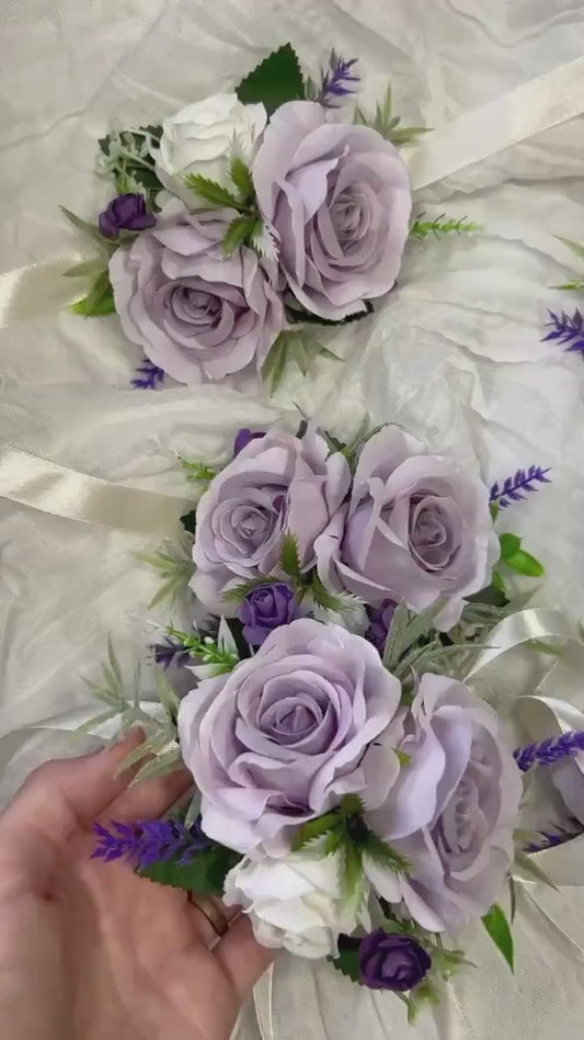 Purple Corsage Wedding Wrist Corsage Lilac Bridesmaids White Corsage Ivory Mom Corsage Lavender Boutonnière Artificial Flowers