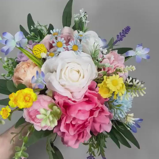 Colorful Bouquet Wedding Summer Bridal Bouquet Pink Blue Bouquet Bridesmaids Wildflowers Bouquet Jewel Tone White Purple Blue Yellow
