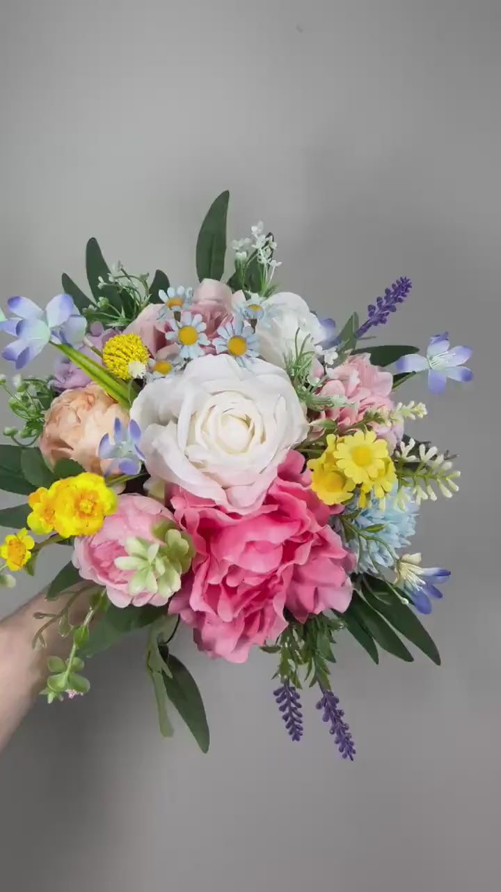 Colorful Bouquet Wedding Summer Bridal Bouquet Pink Blue Bouquet Bridesmaids Wildflowers Bouquet Jewel Tone White Purple Blue Yellow