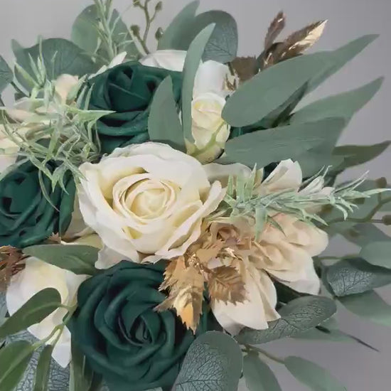 Emerald Green Champagne Bouquet Bridal  Ivory Hunter Green Bridesmaids Bouquet Emerald Green Forest Cream Cascading Bouquet Gold Artificial