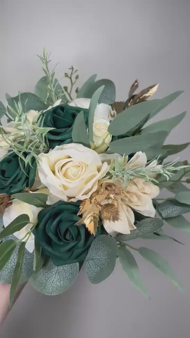 Emerald Green Champagne Bouquet Bridal  Ivory Hunter Green Bridesmaids Bouquet Emerald Green Forest Cream Cascading Bouquet Gold Artificial