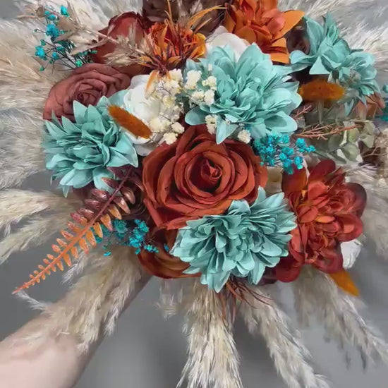 Teal Bouquet Orange Boho Wedding Bridal Terracotta Bridesmaids Bouquet Orange Turquoise Rust Bouquet Burnt Orange Teal Blue Pampas Grass