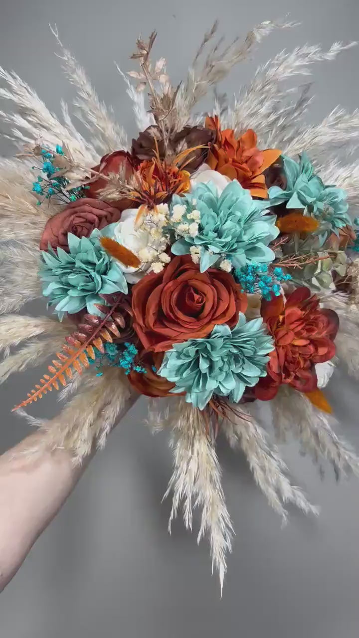Teal Bouquet Orange Boho Wedding Bridal Terracotta Bridesmaids Bouquet Orange Turquoise Rust Bouquet Burnt Orange Teal Blue Pampas Grass