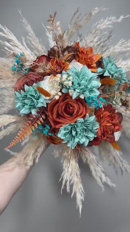 Teal Bouquet Orange Boho Wedding Bridal Terracotta Bridesmaids Bouquet Orange Turquoise Rust Bouquet Burnt Orange Teal Blue Pampas Grass