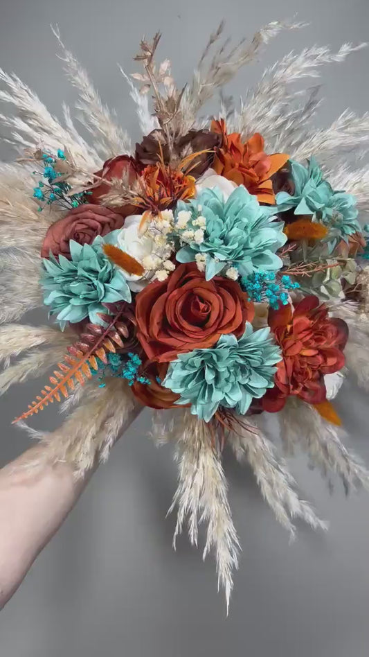 Teal Bouquet Orange Boho Wedding Bridal Terracotta Bridesmaids Bouquet Orange Turquoise Rust Bouquet Burnt Orange Teal Blue Pampas Grass