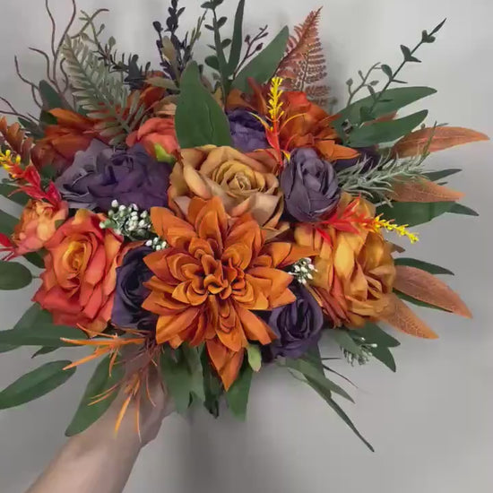 Burnt Orange Purple Bouquet Wedding Fall Plum Bridal Bouquet Terracotta Deep Purple Bouquet Bridesmaids Rust Sunset Artificial Flowers