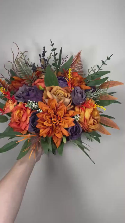 Burnt Orange Purple Bouquet Wedding Fall Plum Bridal Bouquet Terracotta Deep Purple Bouquet Bridesmaids Rust Sunset Artificial Flowers