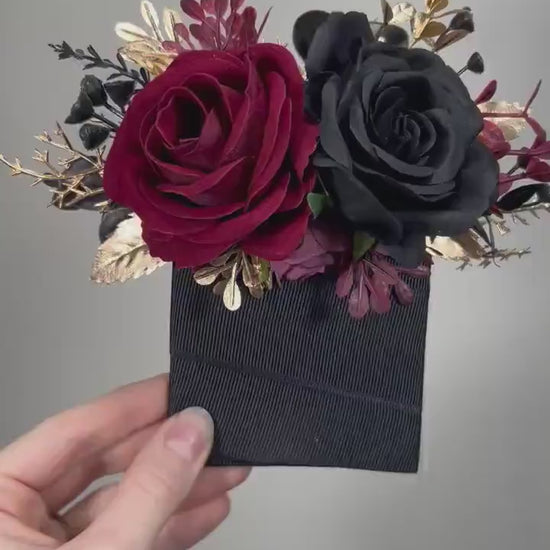 Black Burgundy Pocket Boutonniere Wedding Black Gold Burgundy Square Boutonniere Groom Burgundy Black Gold Pocket Boutonniere Groomsmen