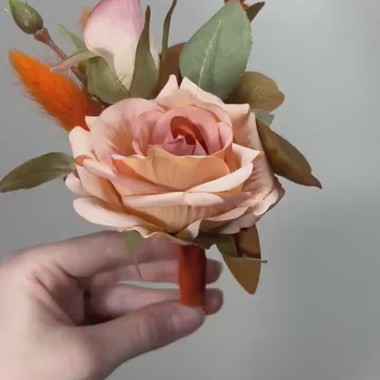 Orange Boutonniere Wedding Groom Burnt Orange Boutonnière Terracotta Groomsmen  Boutonnière Rust Orange Terracotta Groom Artificial Flowers