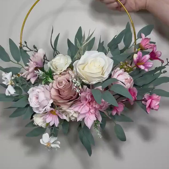 Wedding Hoop Pink White Floral Hoop Alternative Bridesmaids Bouquet Ring Dusty Rose Wreath Flower Girl Hoop Ivory Spring Artificial Flower