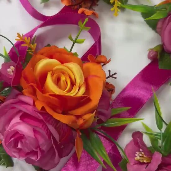 Hot Pink Orange Corsage Wedding Fuchsia Wrist Corsage Bright Summer Corsage Burnt Orange Pink Bridesmaids Corsage Tropical Rose Hot Pink