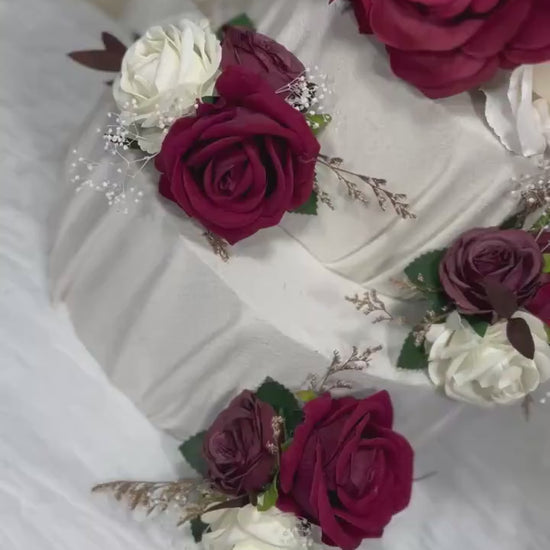 Wedding Cake Decoration Burgundy Topper Decor White Cake Arrangements Wedding Burgundy Ivory Cake Decor Wedding Artificial Flowers Topper