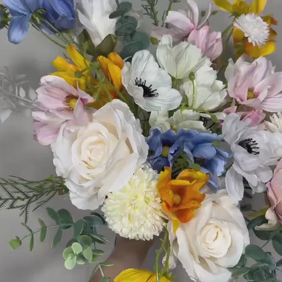 Wedding Bouquet Wild Flower Bridal White Bouquet Pink Blush Dusty Blue Bridesmaids Bouquet Poppy Spring Summer Anemone Artificial Flower