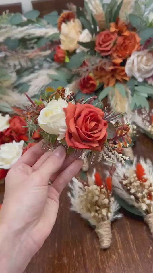 Terracotta Ivory Corsage, Wedding Fall Wrist Corsage, Burnt Orange Cream Bridesmaid Corsage, Rust Artificial Flowers Wristband  Eucalyptus