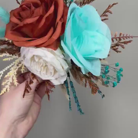 Burnt Orange Turquoise Cake Flowers, Rust Teal Blue Wedding Cake Decor, Boho Cake Topper Flowers, Fall Wedding Cake Floral Arrangement