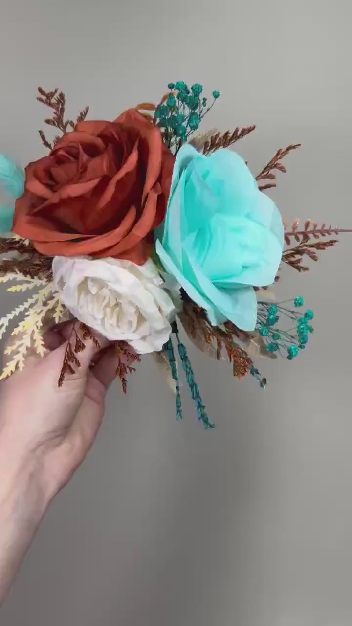 Burnt Orange Turquoise Cake Flowers, Rust Teal Blue Wedding Cake Decor, Boho Cake Topper Flowers, Fall Wedding Cake Floral Arrangement