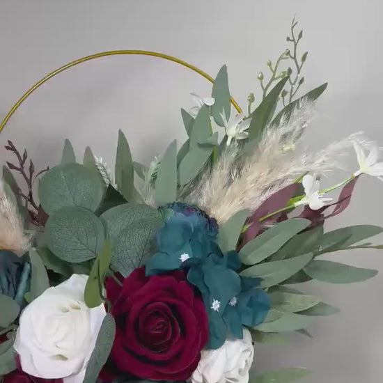 Burgundy Teal Floral Hoop, Wedding Bridesmaids White Dark Teal Blue, Alternative Bouquet, Floral Ring Bouquet