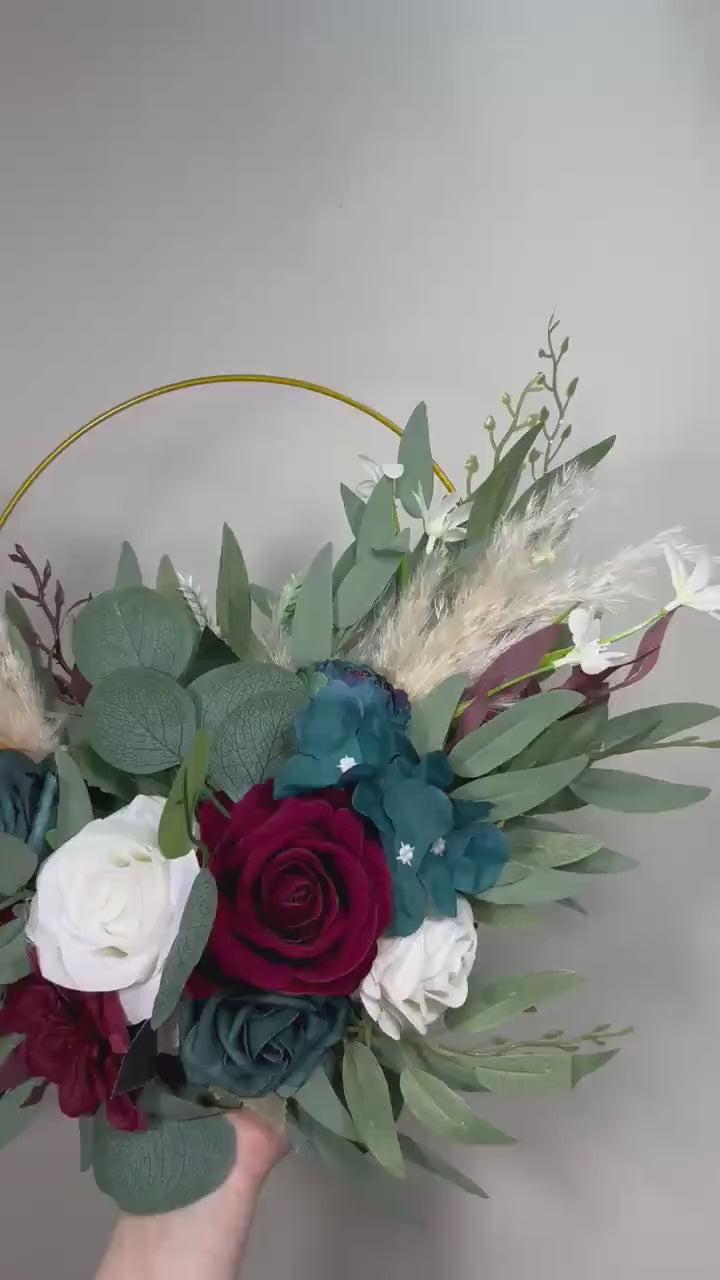 Burgundy Teal Floral Hoop, Wedding Bridesmaids White Dark Teal Blue, Alternative Bouquet, Floral Ring Bouquet