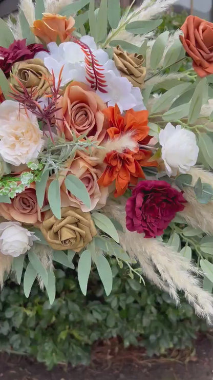 Terracotta Arch Arrangement Wedding Boho Burnt Orange Curved Arrangement Burgundy Pampas Grass Arbor Arrangement Rust White Gold Wedding