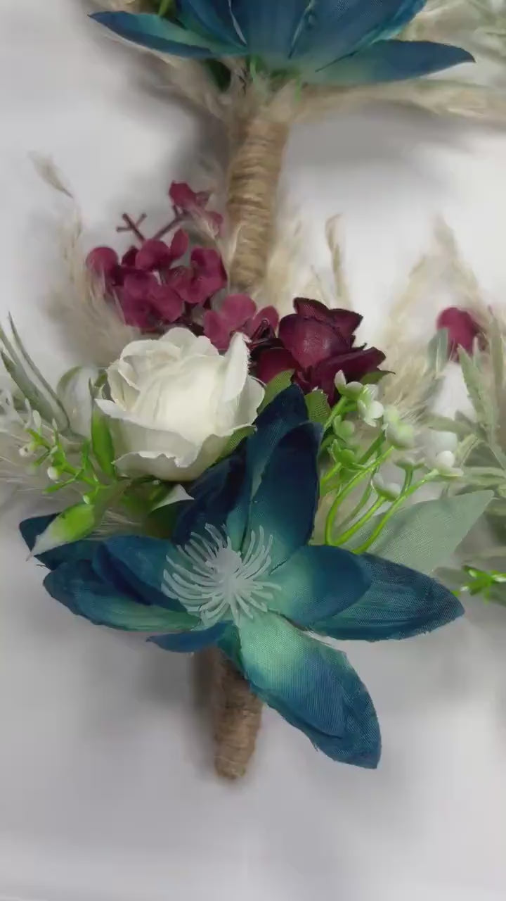 Teal Boutonniere Wedding Teal White Boutonnière Groom Boutonnière Dark Teal Burgundy Groomsmen Teal Burgundy Boutonniere