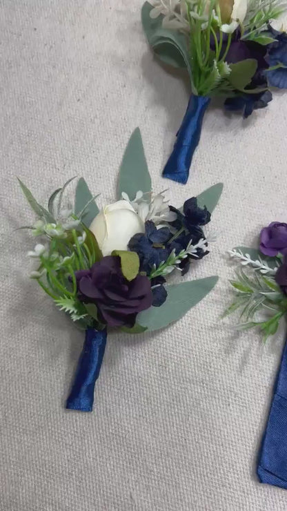 Blue Corsage Wedding Groom Navy Blue White Corsage Purple Ivory Corsage Plum Artificial Flowers