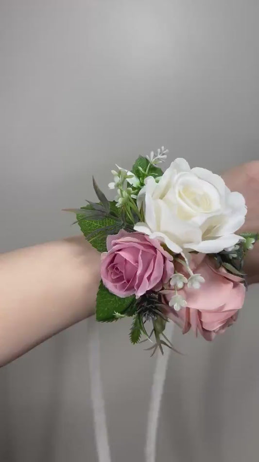 Wedding Corsage Pink Wedding Wrist Corsage White Bridesmaids Decor Corsage Ivory Corsage White Accessories Dusty Rose Artificial Flowers