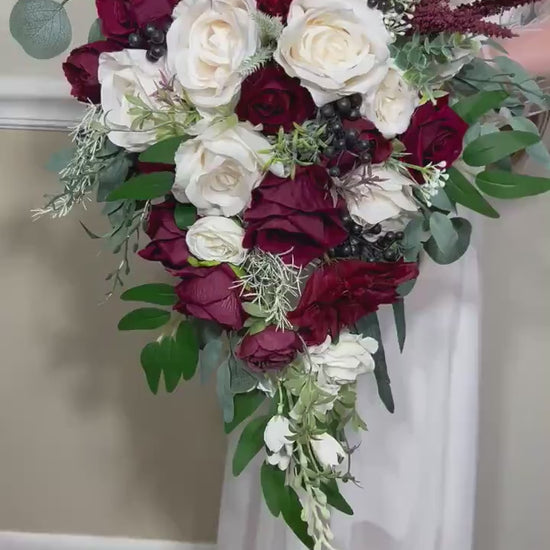 Wedding Christmas Bouquet Cascade Bridal Burgundy Cascading White Winter Bridesmaids Bouquet Christmas Ivory Rustic Christmas Tree