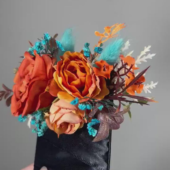 Teal Orange Pocket Boutonniere Wedding Turquoise Terracotta Pocket Boutonnière Groom Rust Teal Boutonnière Square Burnt Orange Baby Breath