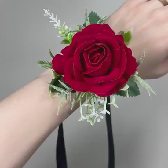 Red Corsage Wedding Wrist Corsage Red Bridesmaids Burgundy Corsage Pine Cone Winter Christmas Red Corage Artificial Flowers