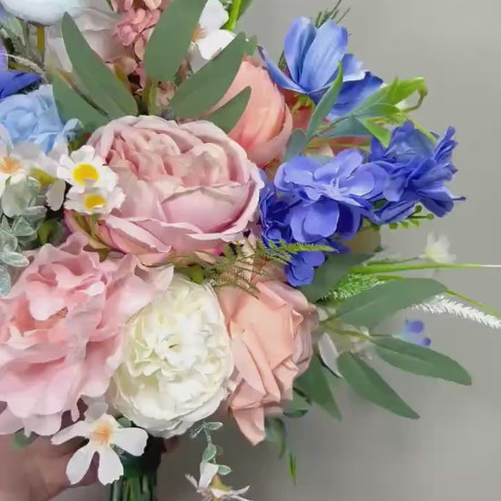 Pastel Bridal Bouquet, Peach Blush Wildflower Wedding Bouquet, Garden Style Bridal Flowers, Spring Blue Rustic Bridesmaids Bouquet
