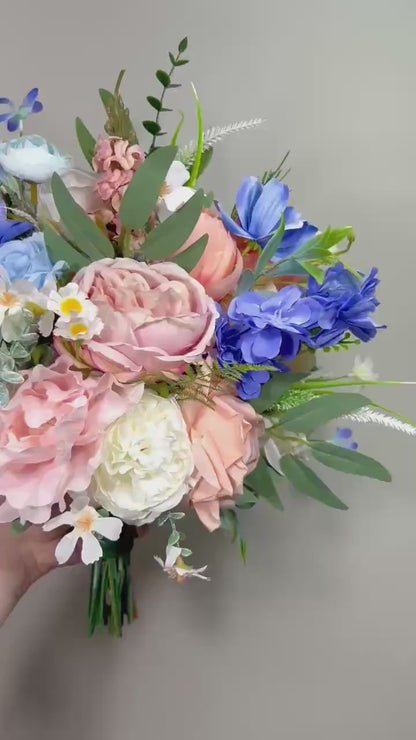 Pastel Bridal Bouquet, Peach Blush Wildflower Wedding Bouquet, Garden Style Bridal Flowers, Spring Blue Rustic Bridesmaids Bouquet