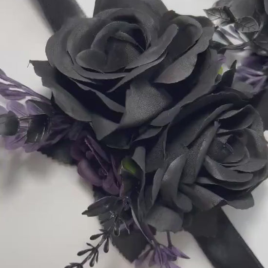 Black Purple Corsage Wedding Gothic Wrist Corsage Bridesmaids Black Corsage Mom Plum Black Dark Purple Artificial Flower