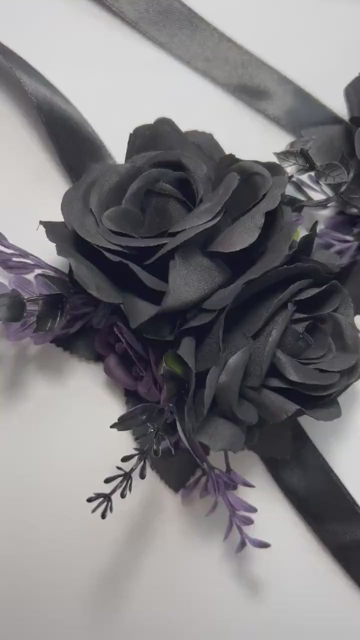 Black Purple Corsage Wedding Gothic Wrist Corsage Bridesmaids Black Corsage Mom Plum Black Dark Purple Artificial Flower